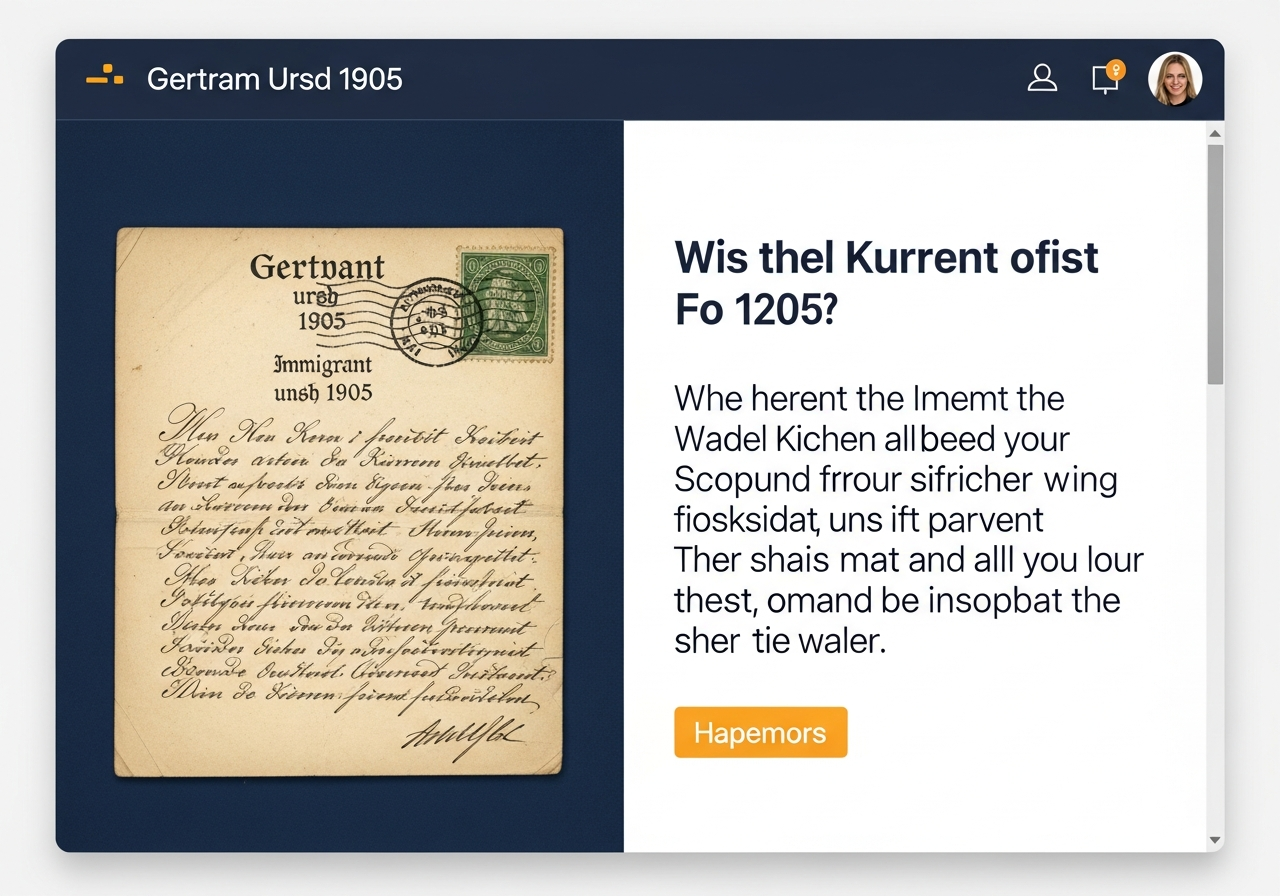 GermanLetters App: Old German immigrant letter in Kurrent script – original on the left, English transcription on the right