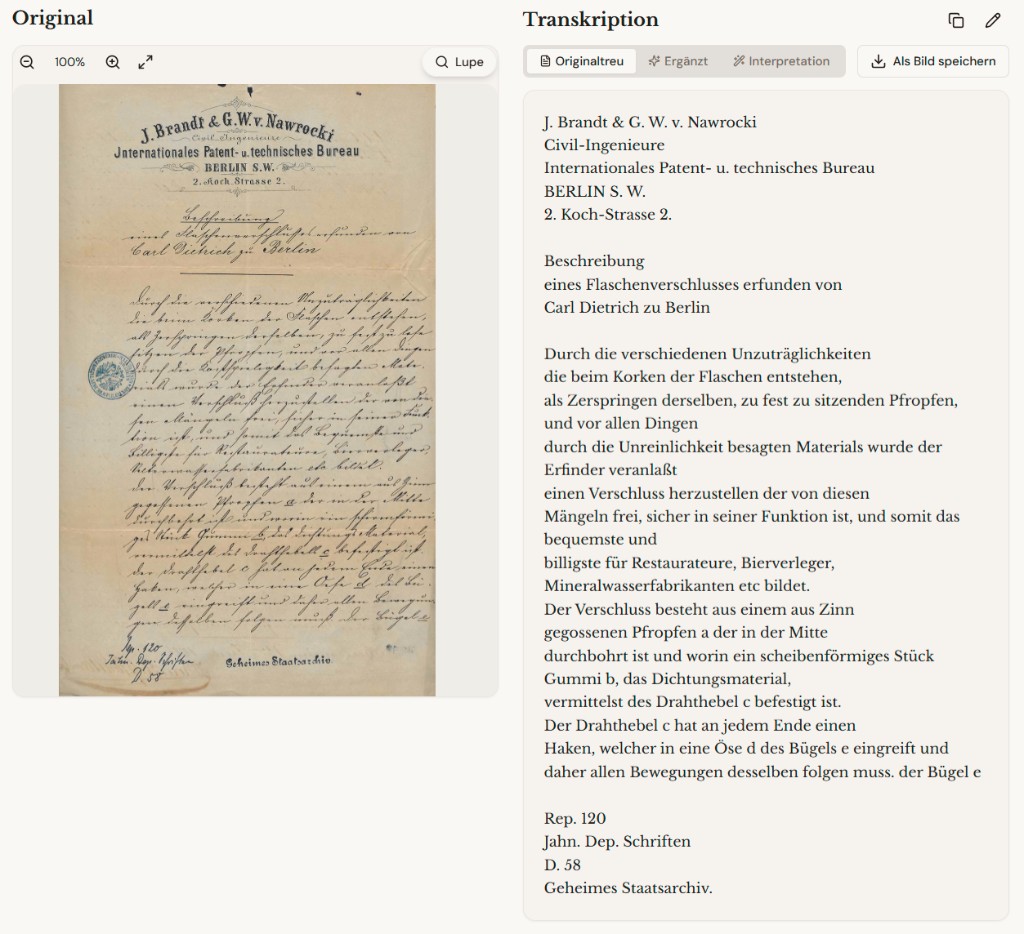 GermanLetters App: Historic patent document in Kanzleischrift – original on the left, AI transcription on the right