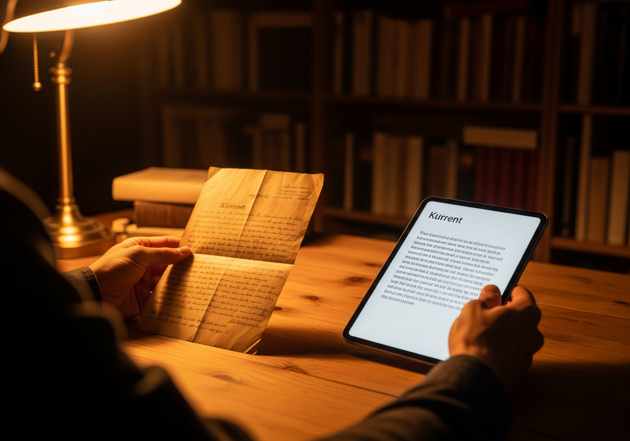 Person reading an old German immigrant letter alongside its English translation on a tablet