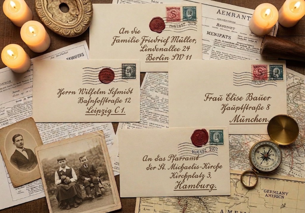 Old German immigrant letters, envelopes with wax seals, and family photographs on a desk