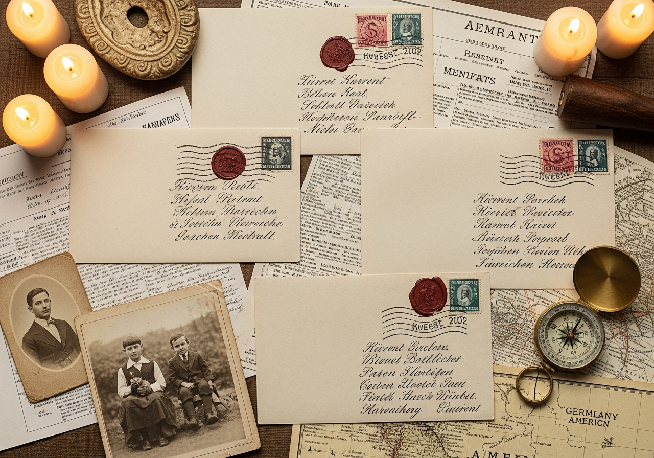 Old German immigrant letters, envelopes with wax seals, and family photographs on a desk